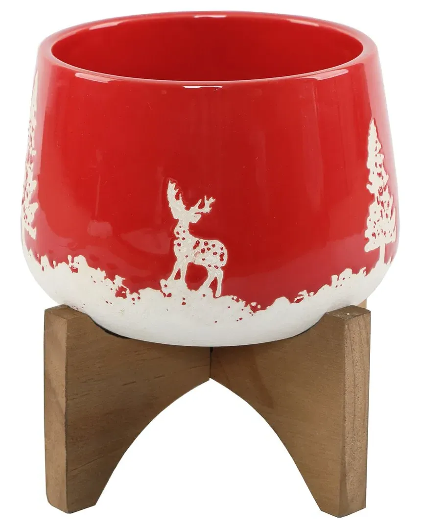 6 Inch Ceramic Planter on Wood Stand - Red