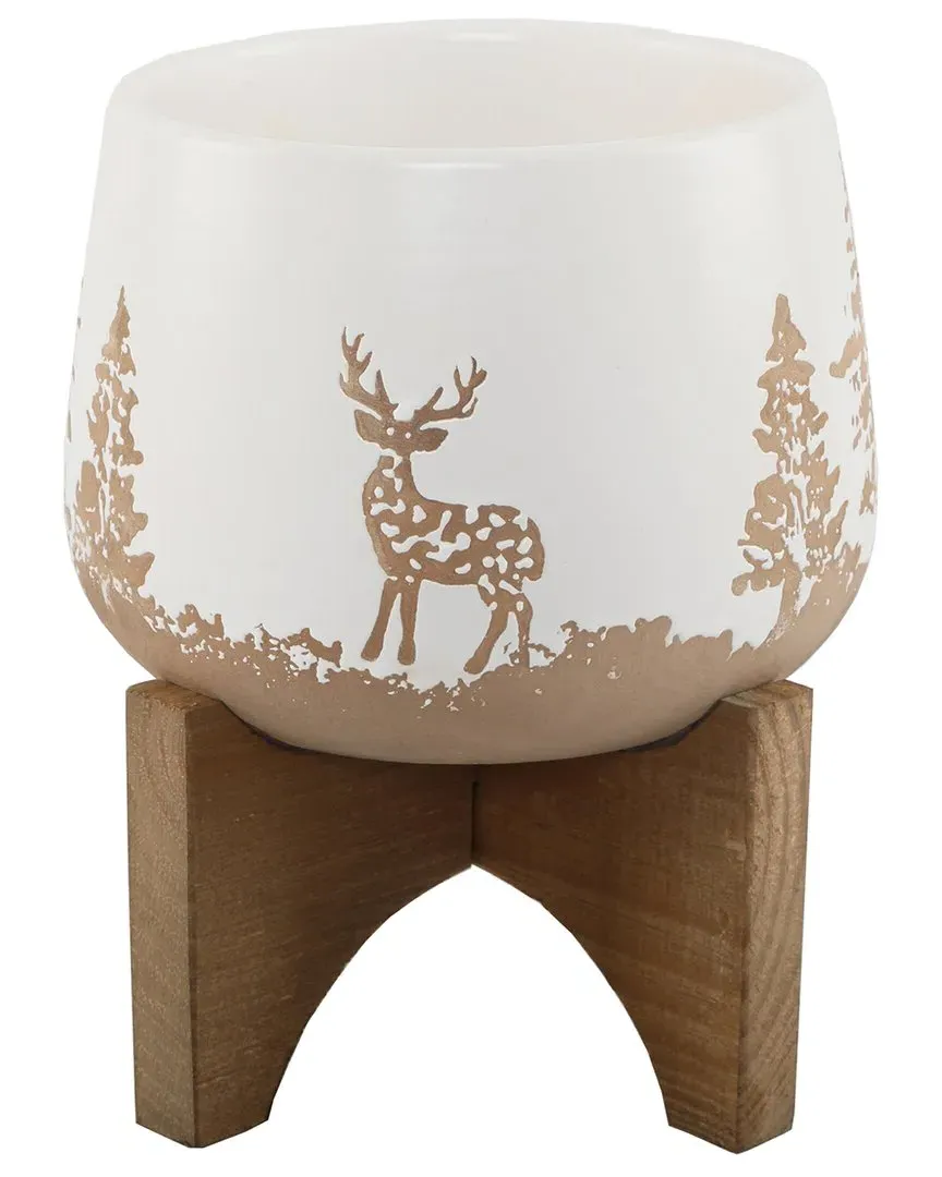 6.75 Ceramic Planter on Wood Stand - White image