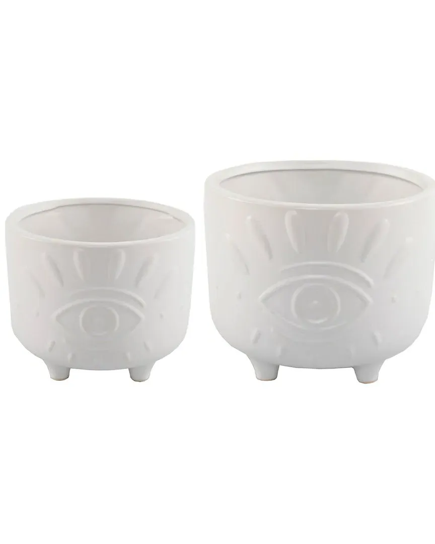 6in & 4.75in Evil Eye Ceramic Footed Planter Set - White image
