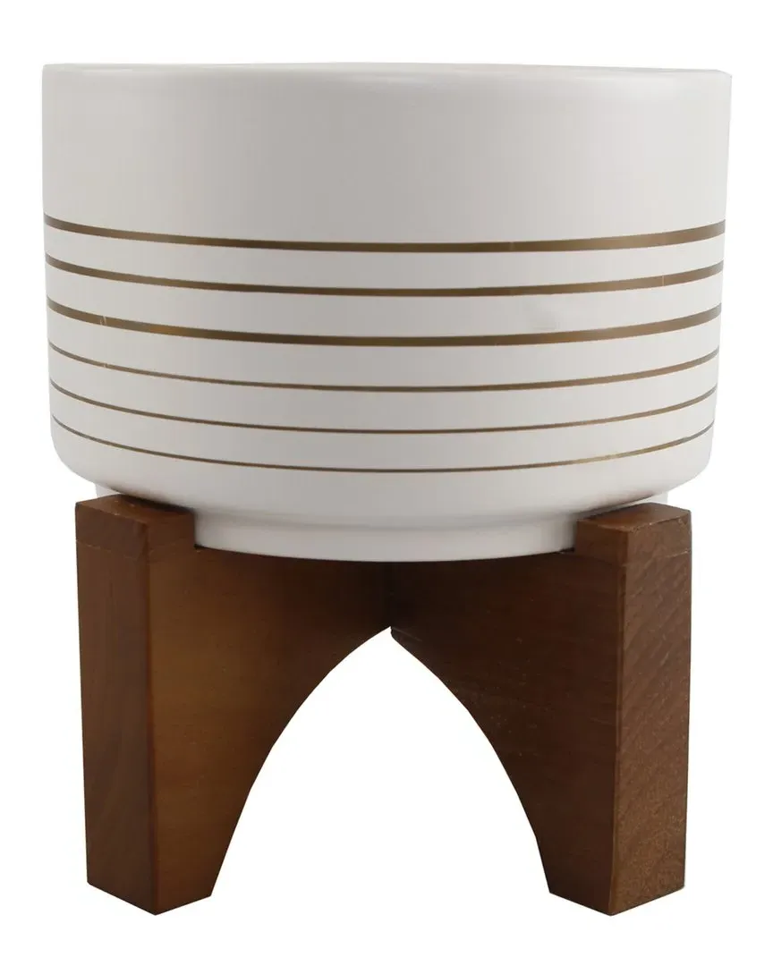 7in Ceramic Planter on Wood Stand - White, Ceramic