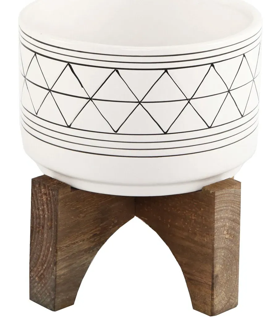7in Ceramic Planter with Wood Stand - White, Ceramic