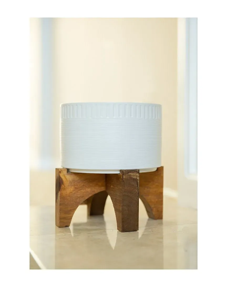 7in Dumpling Ceramic Planter on Wood Stand - White image