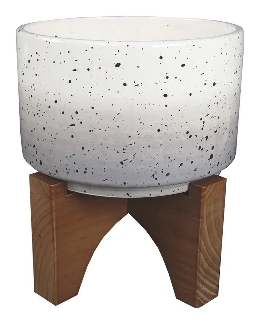 7in Grey Ombre Ceramic Planter on Wood Stand - Grey, Ceramic