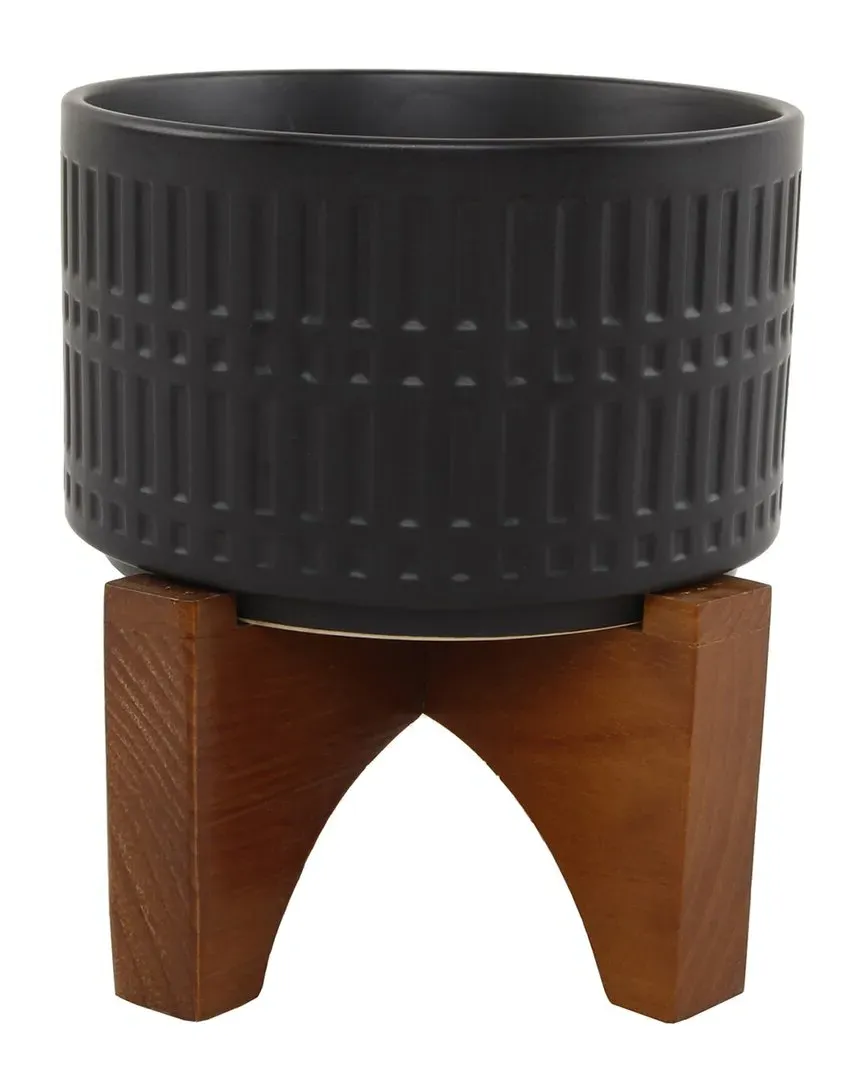 7in Roman Ceramic Planter with Wood Stand - Black image