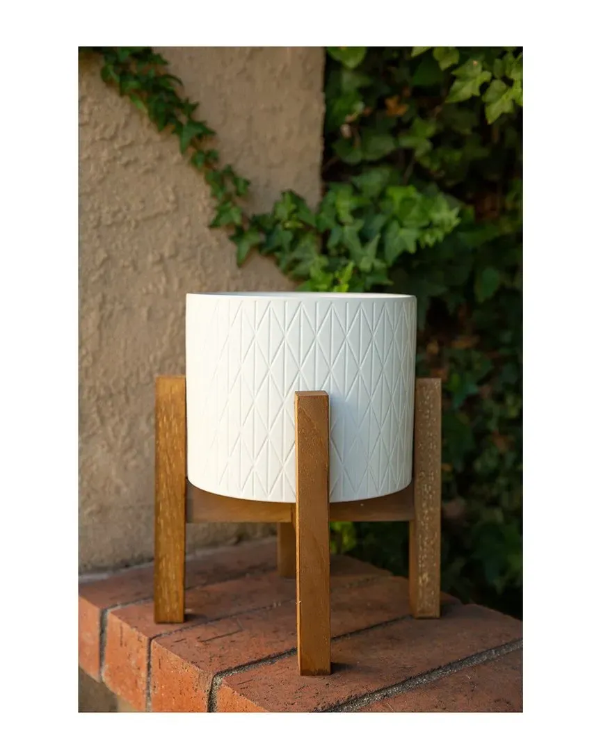 8in Diamond Ceramic Pot on Wood Stand - White image