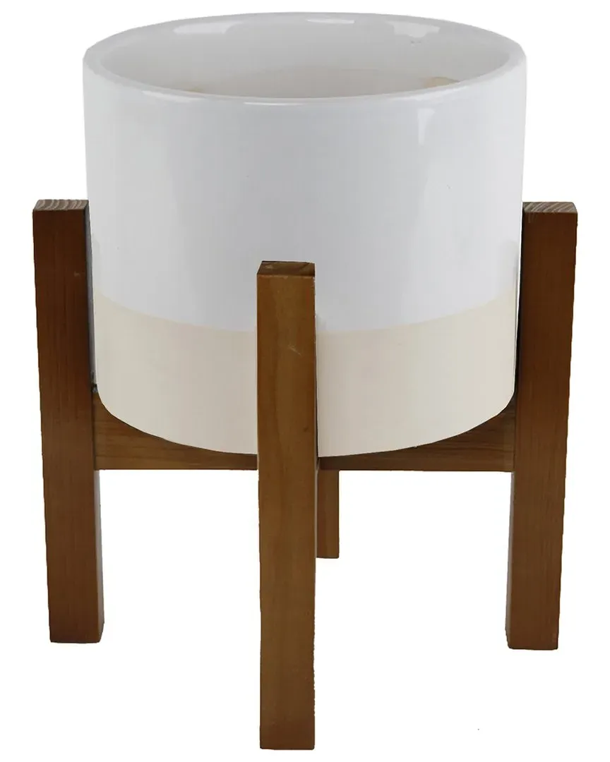 8in Large Two-Tone Pot on Wood Stand - White