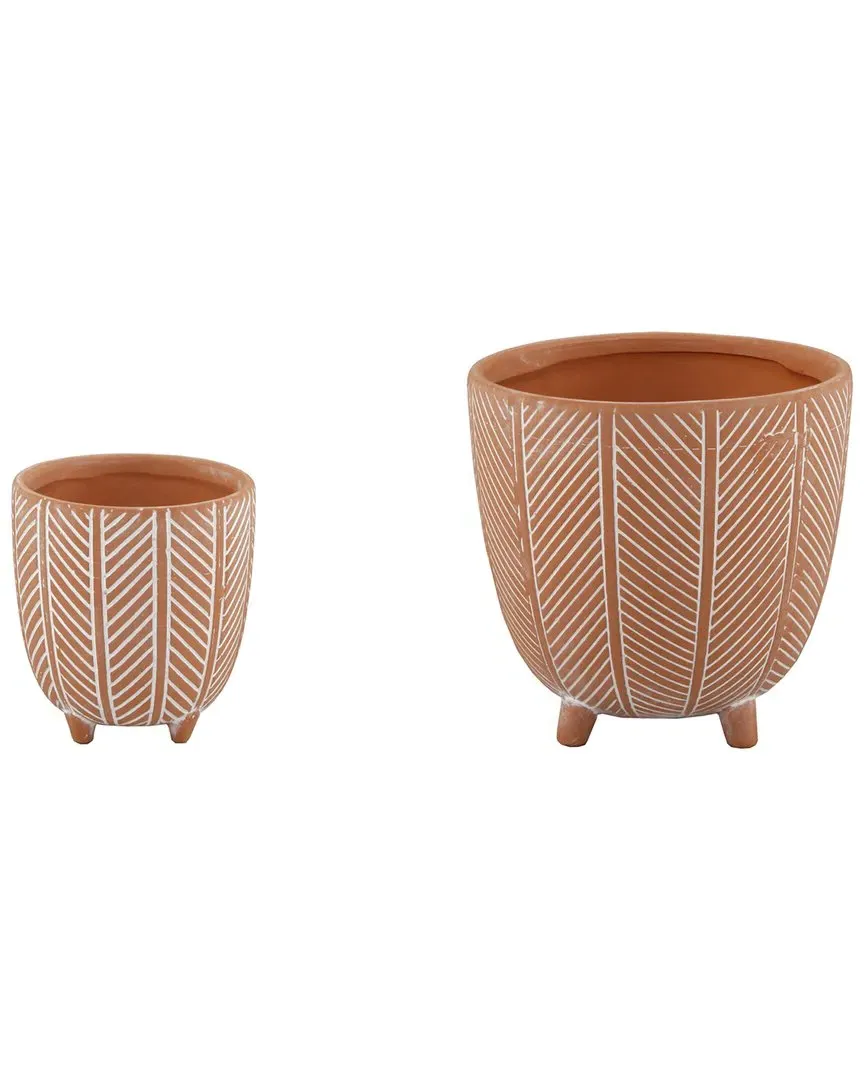 Chevron Ceramic Footed Planters Set of 2 - Orange image