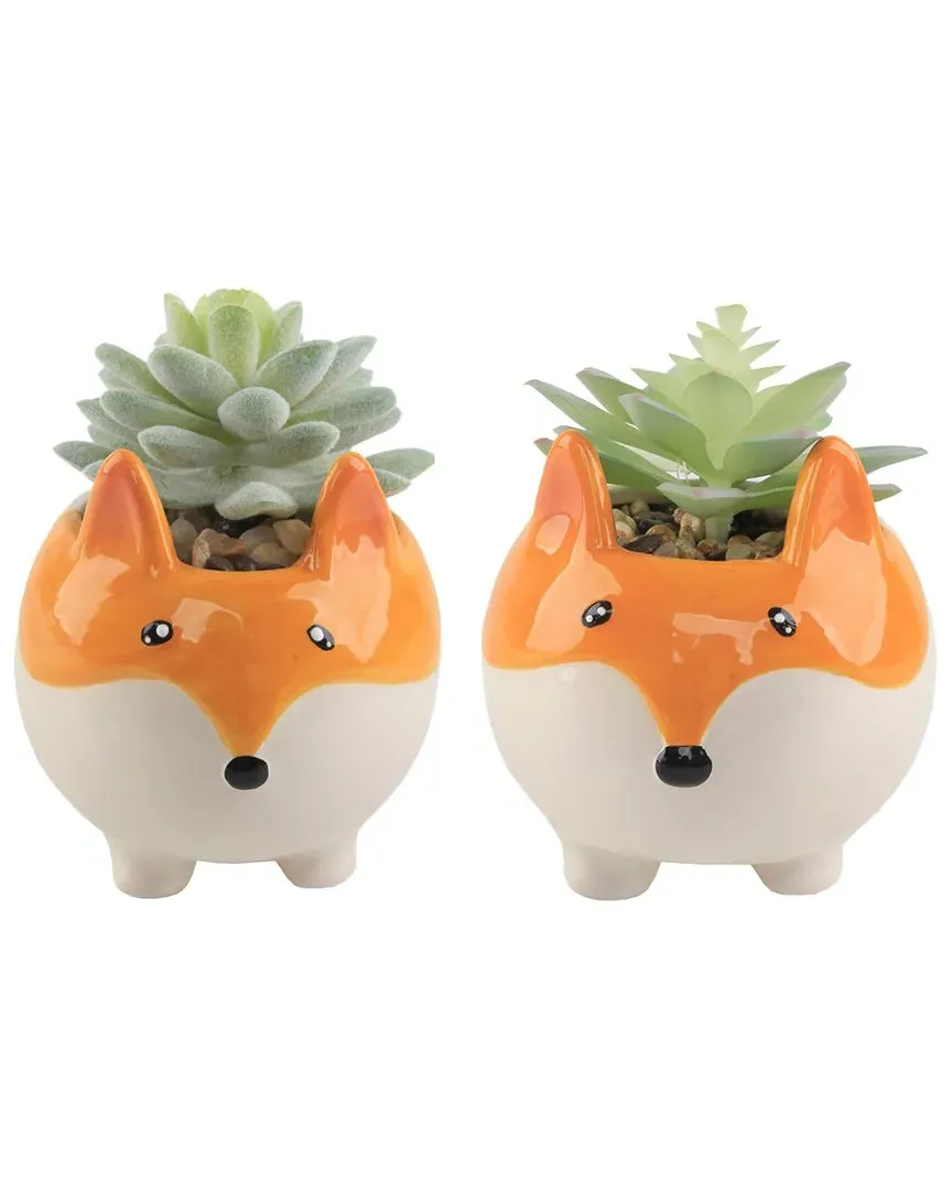 Faux Succulent in Large Orange Fox Ceramic Planter - White