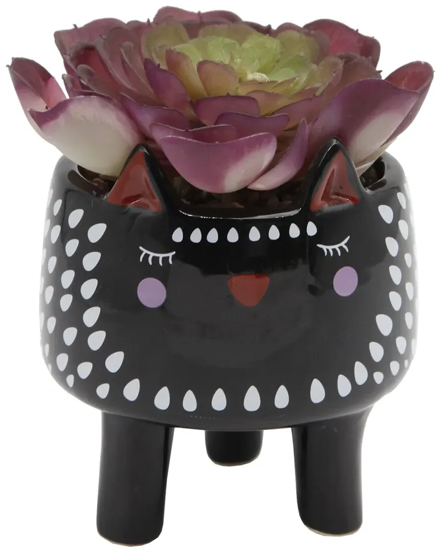 Faux Succulent in Small Cat Ceramic Planter - Black