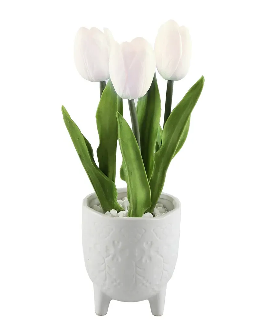 Real-Touch Tulips in Footed Ceramic Pot - White