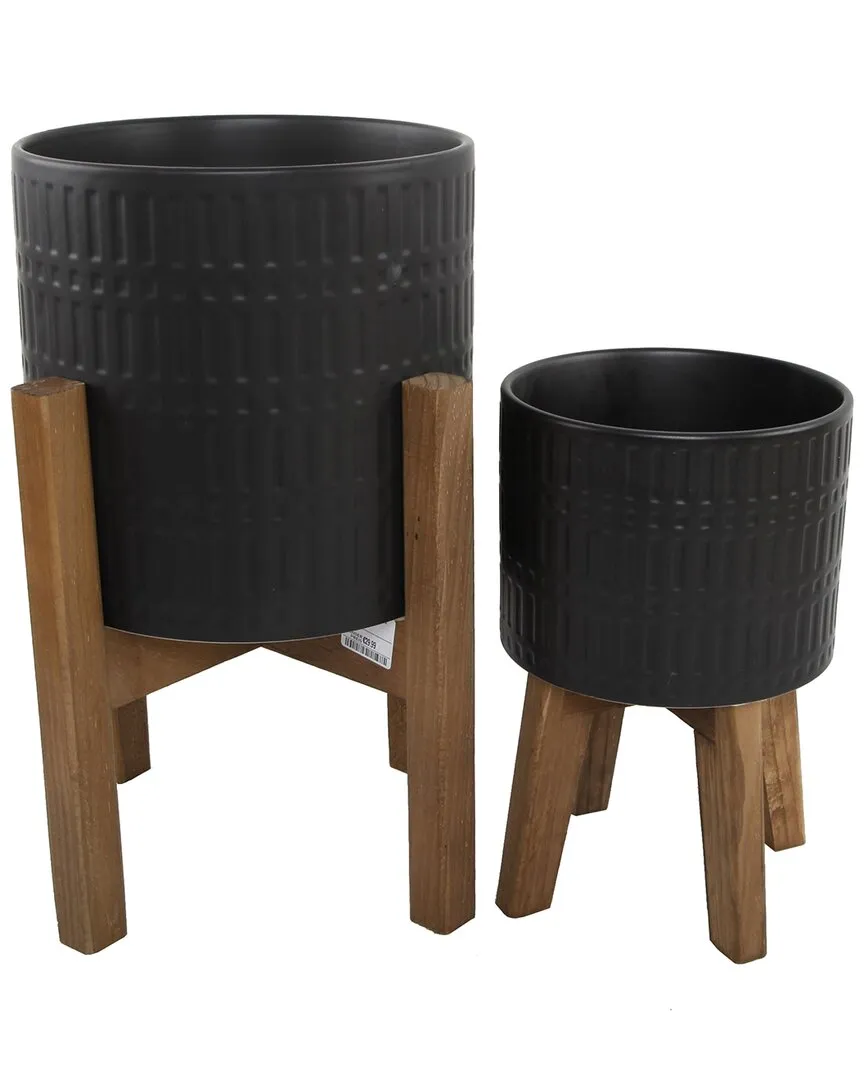 Set of 2 Ceramic Planters on Wood Stands - Black
