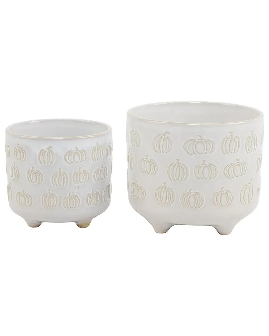 Set of 2 Footed Pumpkin Ceramic Planters - Ivory