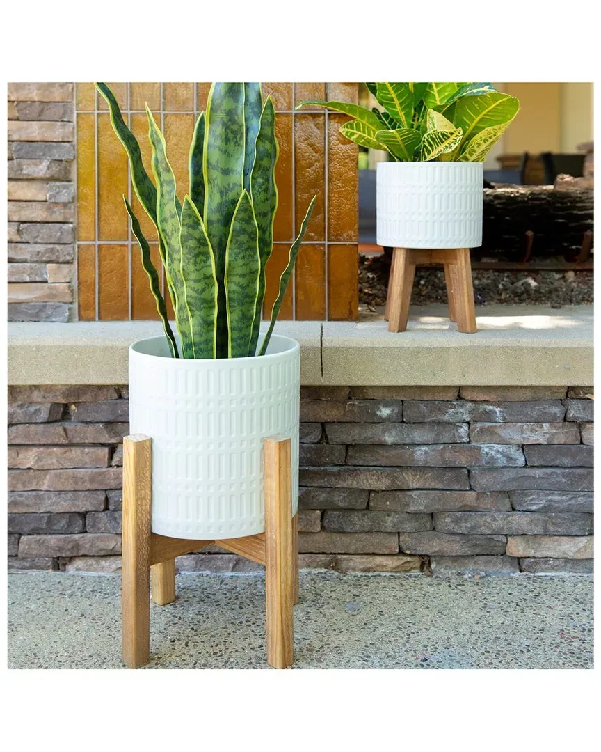 Set of 2 Roman Ceramic Planters on Wood Stands - White