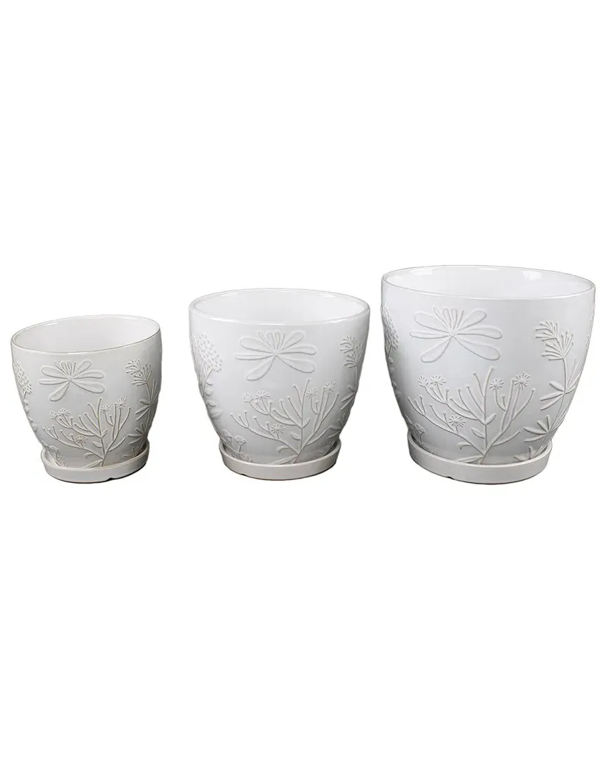 Set of 3 Jungle Flowers Ceramic Pots - White image