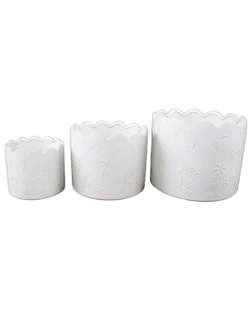 Set of 3 Scallop Wild Flower Ceramic Pots - White
