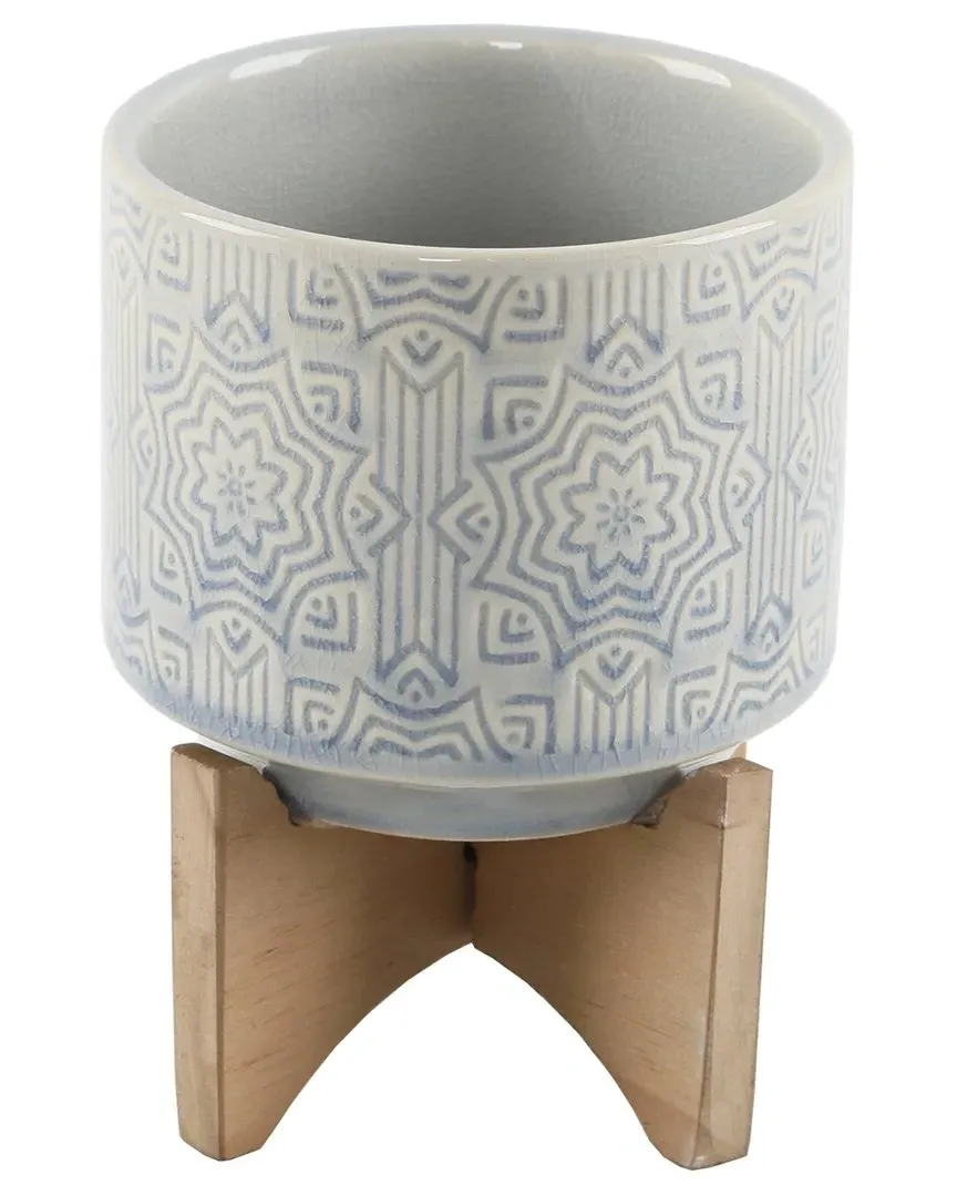 Star Ceramic Plant Pot on Wood Stand - Blue image