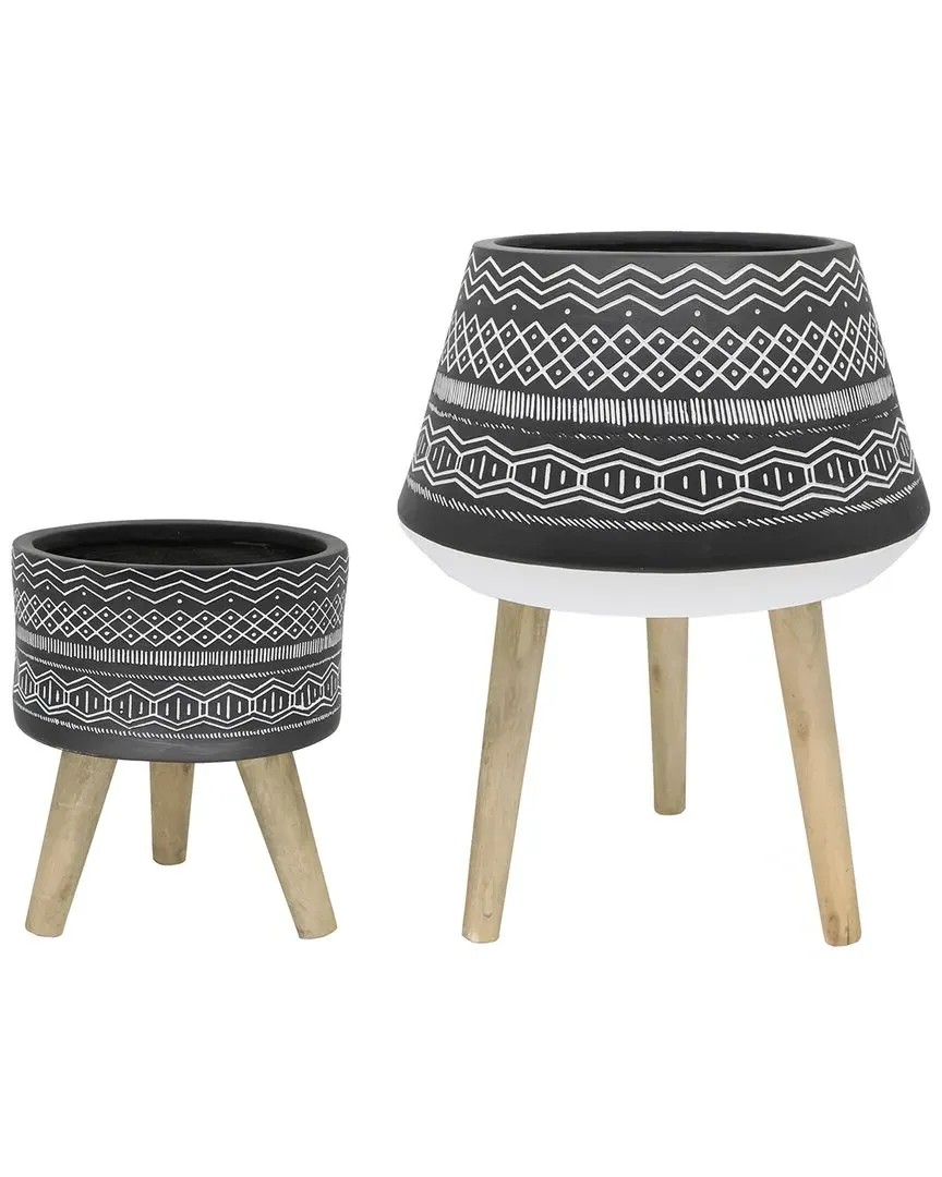 Tribal Fiberglass Plant Pot Set with Wood Stands - Black, Fiberglass