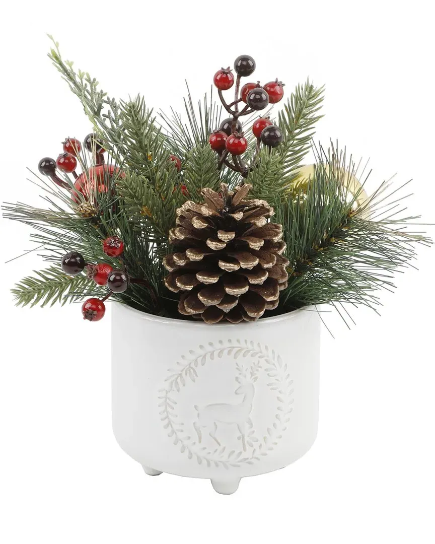 Xmas Mix Deer Wreath Ceramic Footed Pot - Ivory