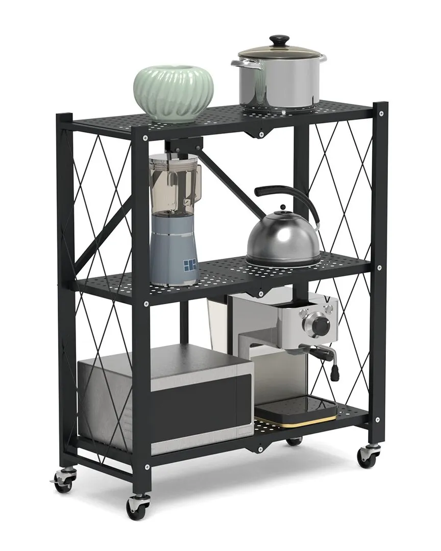 3-Tier Foldable Storage Shelf with Lockable Wheels - Black image