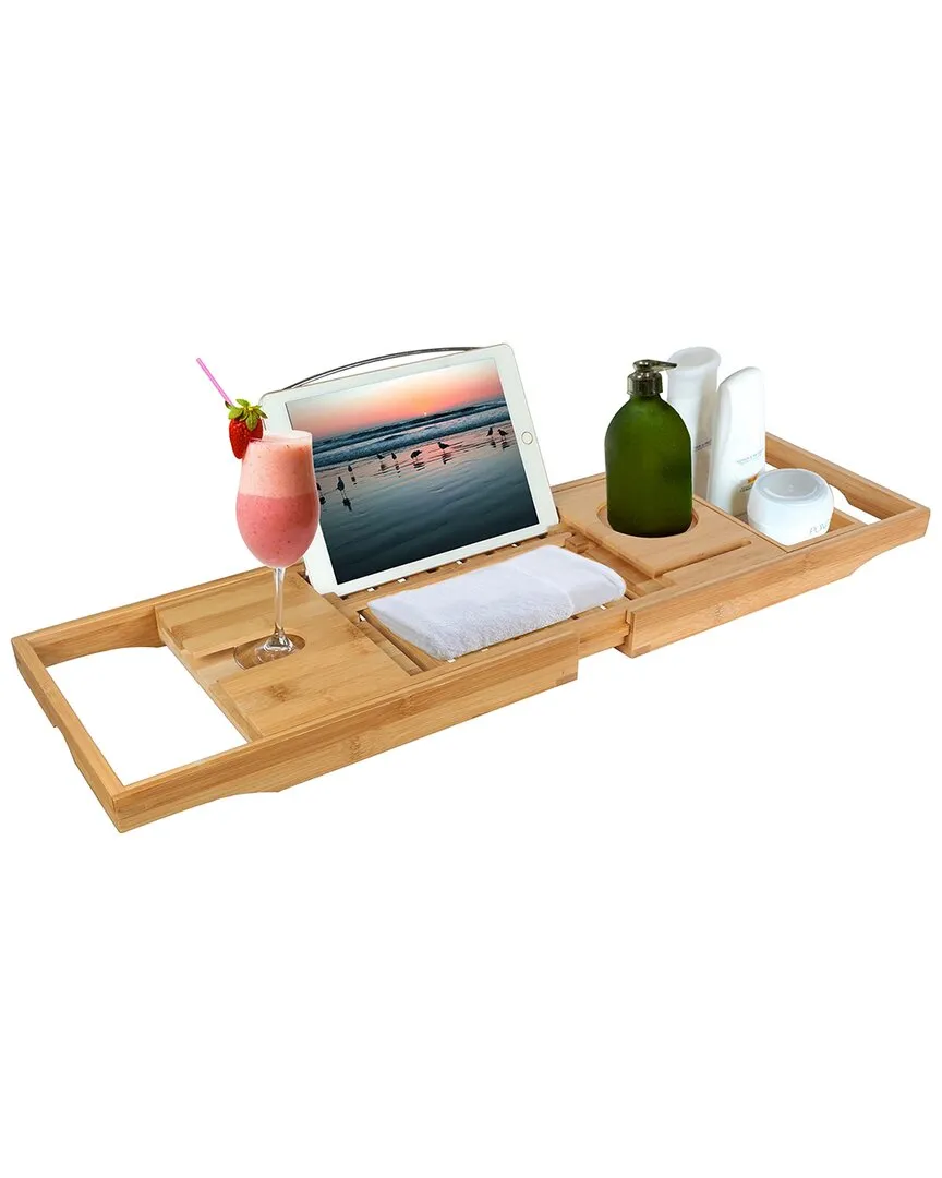 Extendable Bamboo Bathtub Caddy Tray with Storage - Natural image
