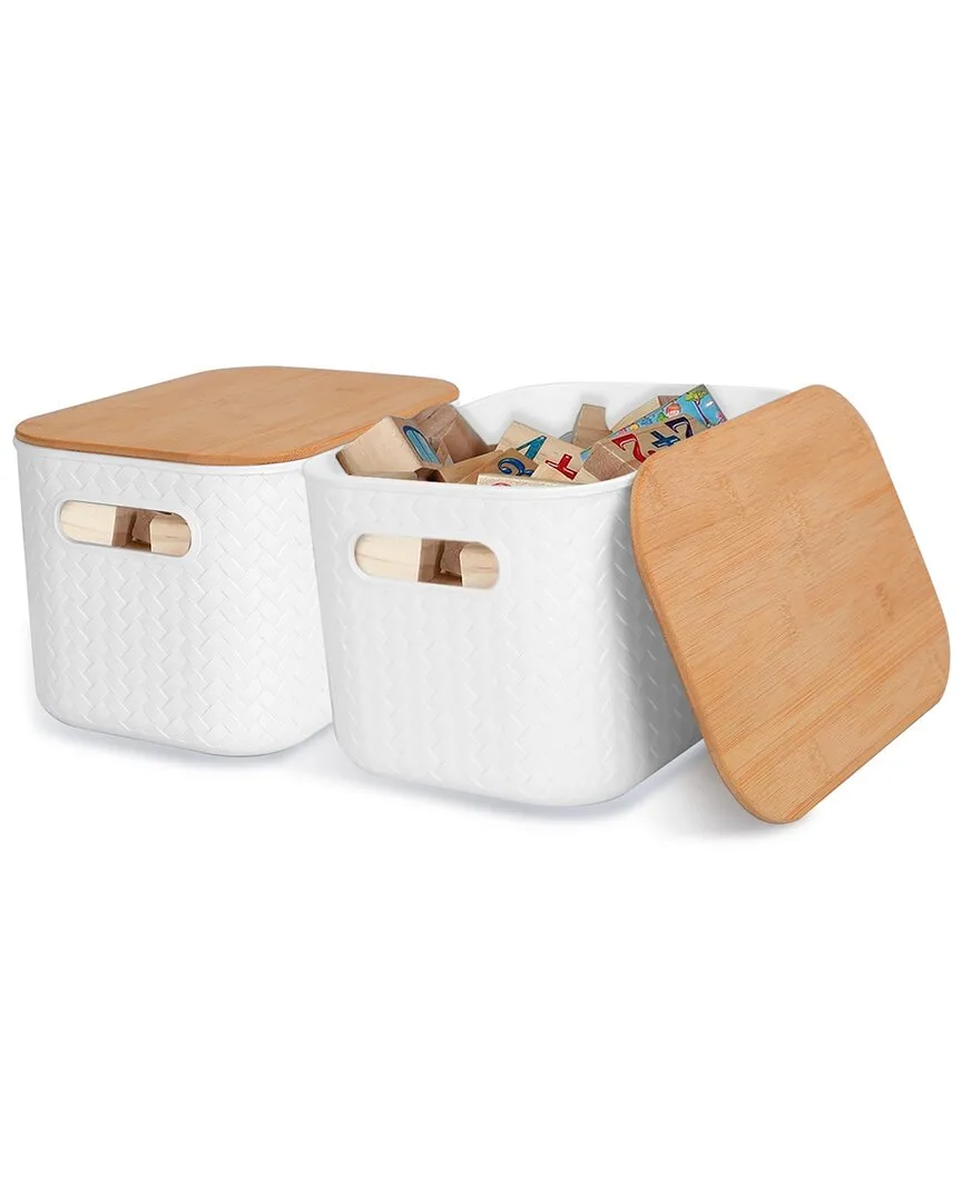 NewHome 2-Piece Storage Bins with Bamboo Lids - White