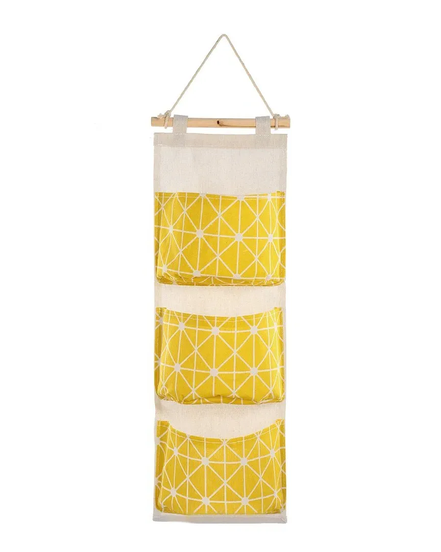 Wall Mounted Storage Bag with 3 Pockets - Yellow, Linen Cotton