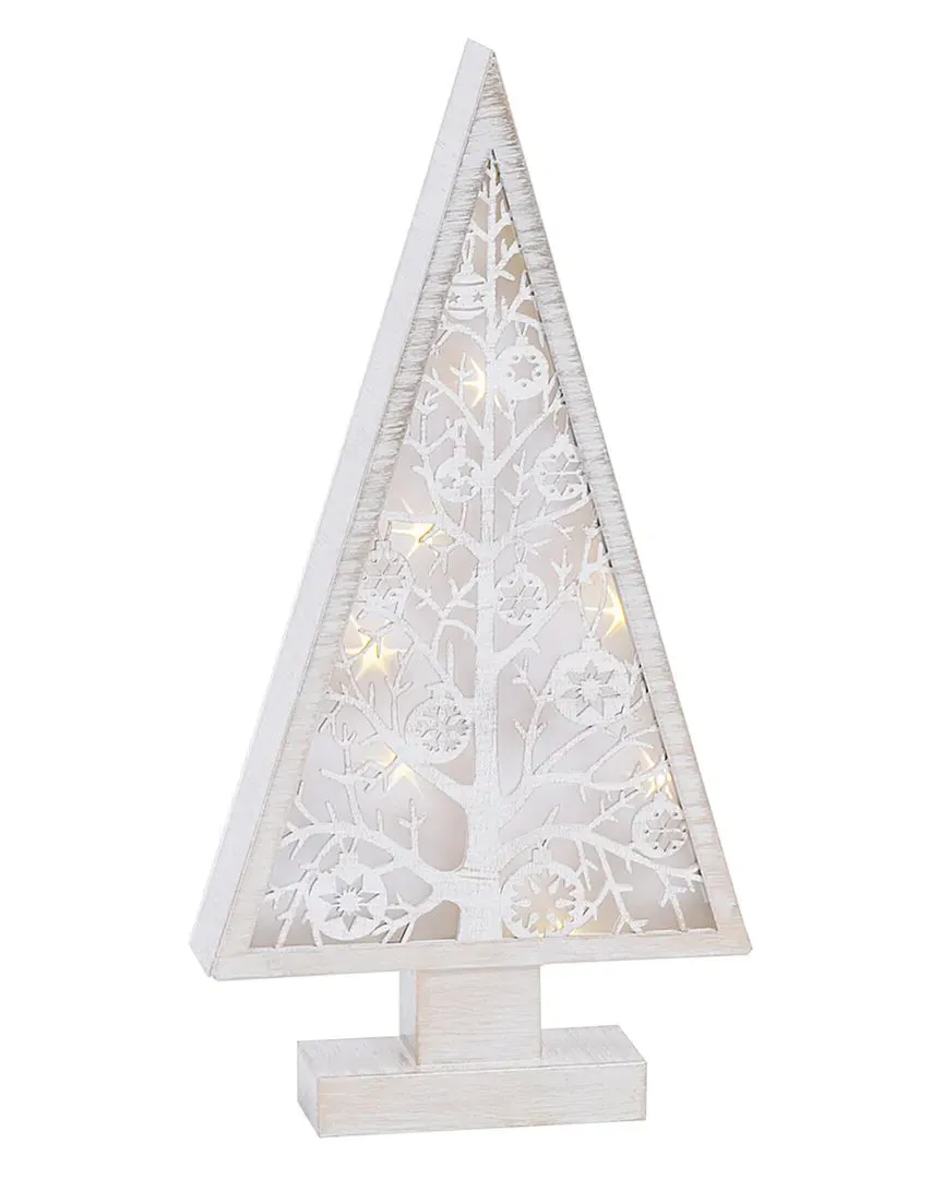 16in Lighted Metal And Laser Cut Wood Tree - White image