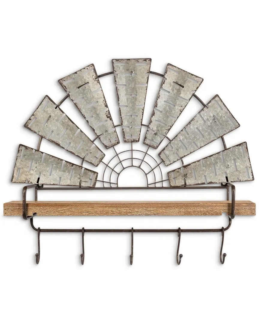 24-Inch Windmill Wall Shelf with Coat Rack - Silver, Metal