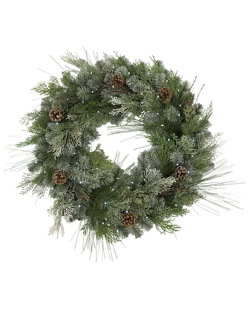 32in Pre-Lit Snowy Mixed Pine Wreath - Green