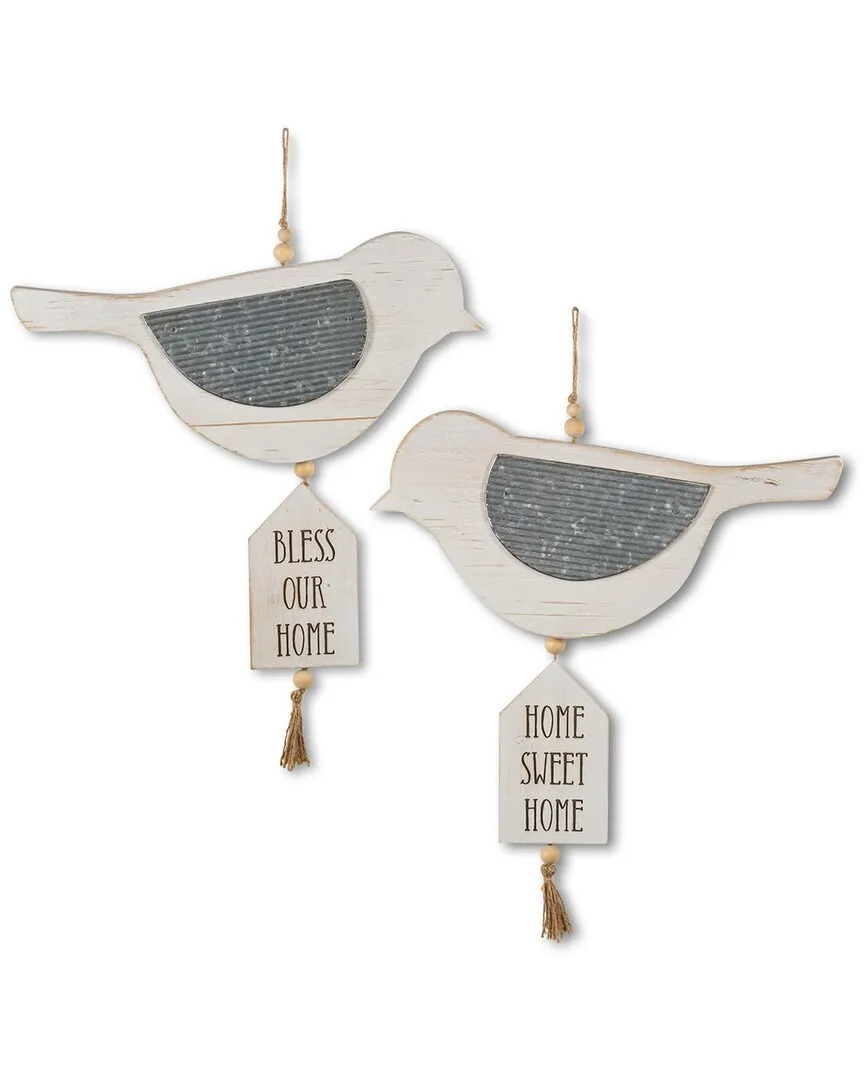 Set of 2 Hanging Bird Decorations - White, Wood image