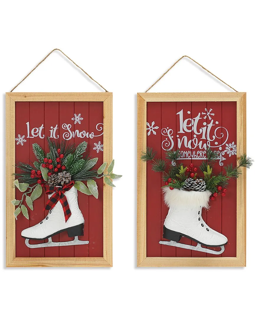 Set of 2 Holiday Wall Signs with Skate - Red, Wood