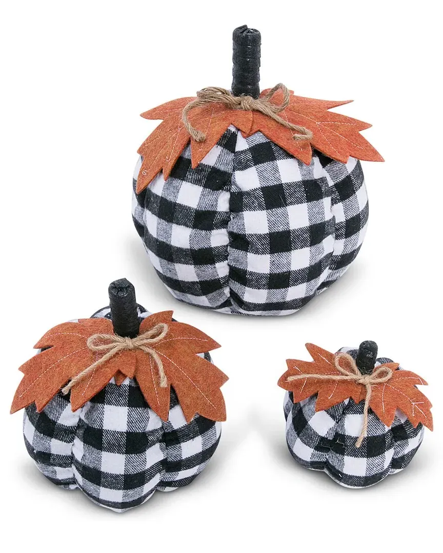 Set of 3 Fabric Plaid Pumpkins with Leaf Accent - Black White