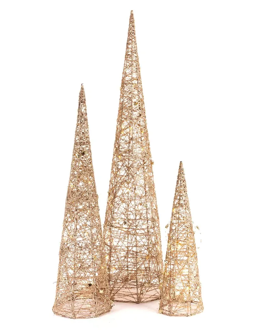 Set of 3 Lighted Vine Cone Trees with LED - Gold