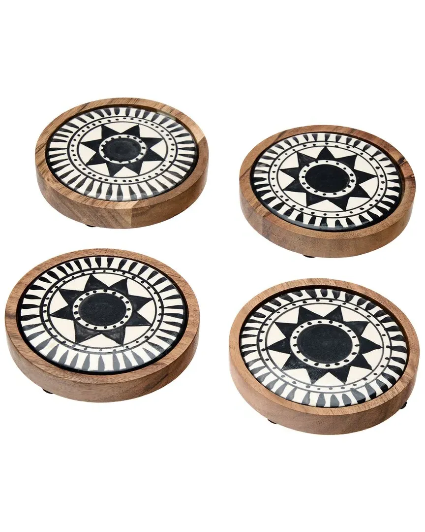 Calle Porcelain & Wood Coaster Set - White, Black image