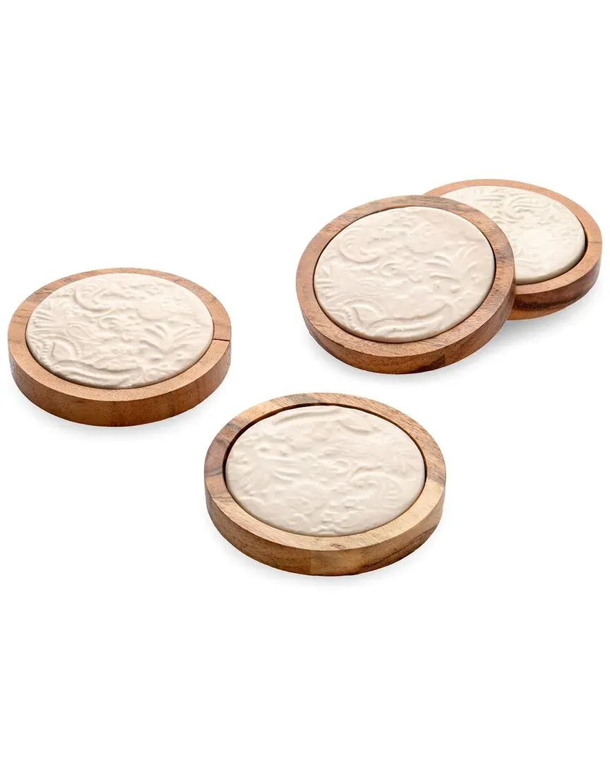 Floral Porcelain & Wood Coaster Set - Off White