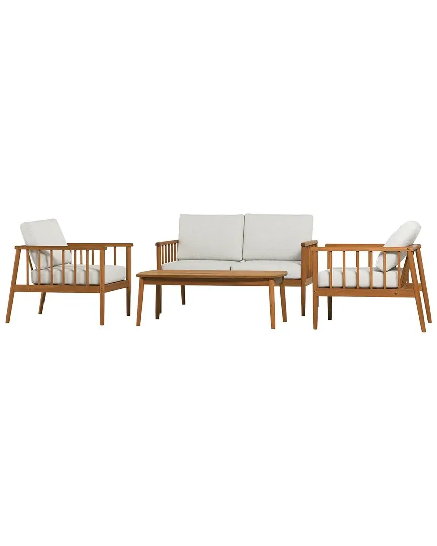4-Piece Cushioned Eucalyptus Patio Chat Set - Brown