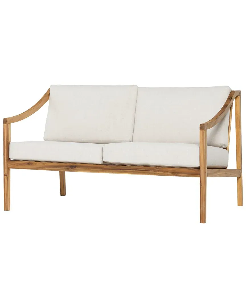 Curved Arm Upholstered Outdoor Loveseat - Beige, Acacia Wood