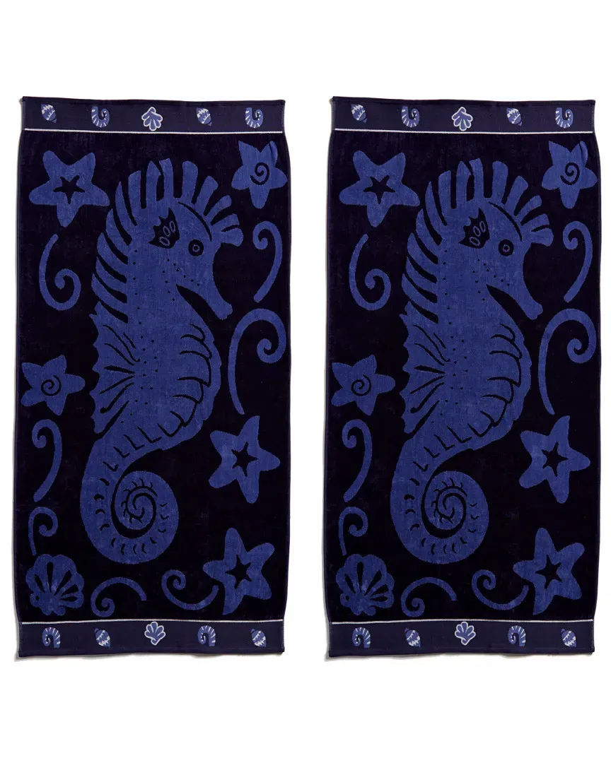 Set of Two Sea Horse Beach Towels - Blue, Cotton image