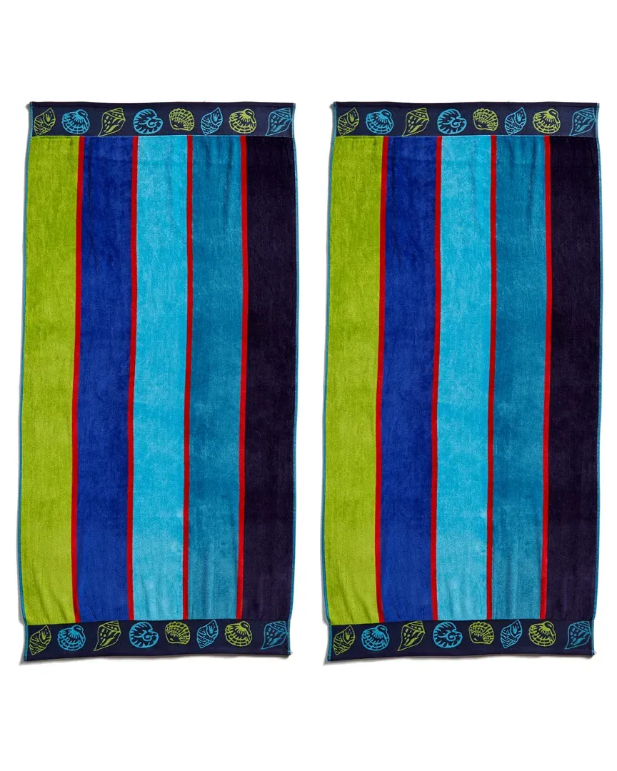 Set of Two Sea Shells Beach Towels - Blue, Cotton