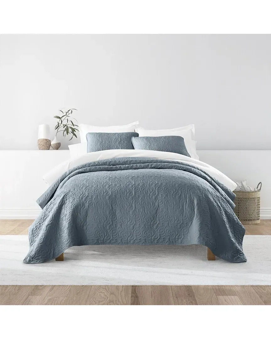 All Season Floral Stitch Quilt Set - Blue, Polyester image