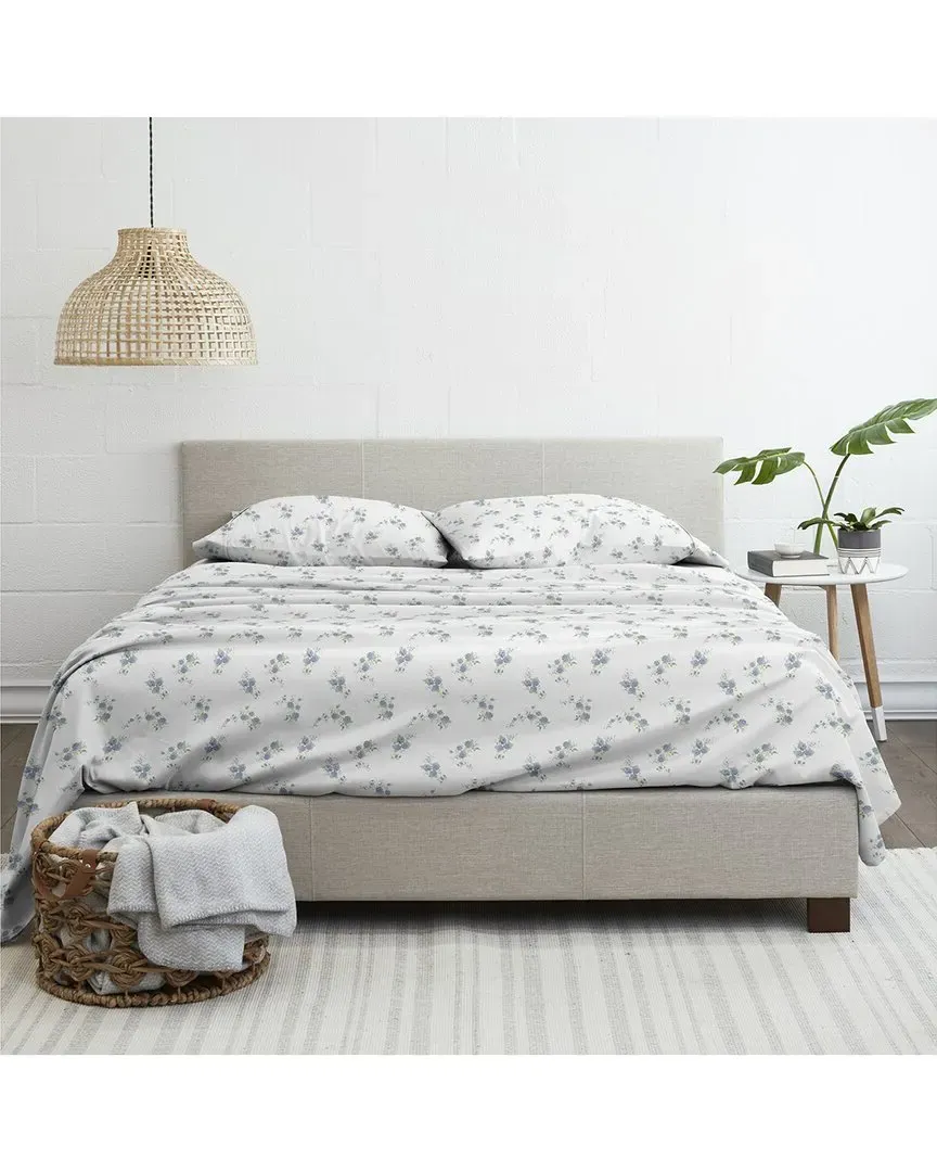 Rose Bunch 4-Piece Flannel Sheet Set - Light Blue, Cotton