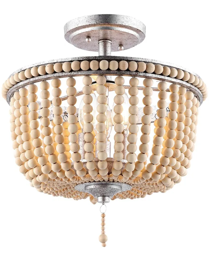 Allie 14in 3-Light Semi Flush Mount - Silver, Wood Bead