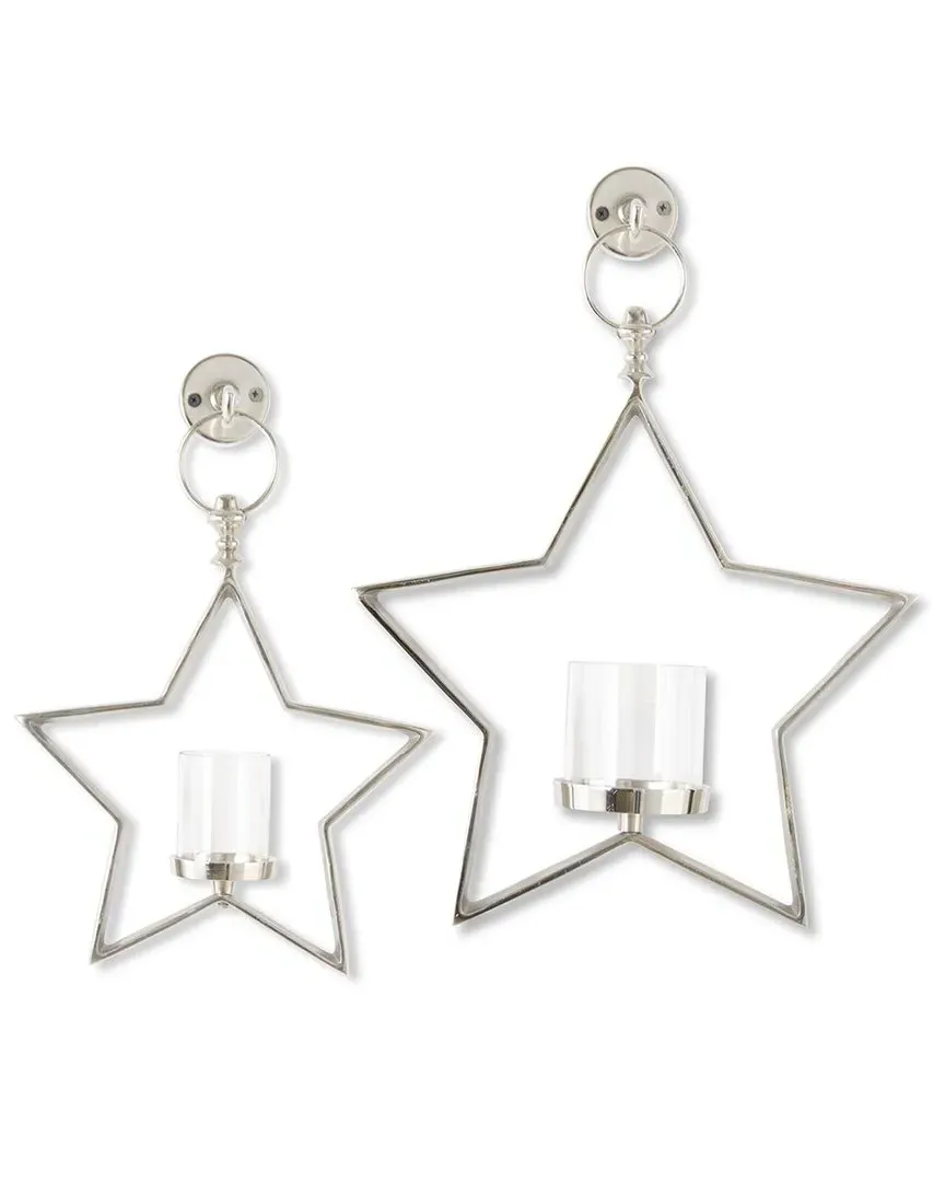 Set of 2 Star Hurricane Candleholders - Silver, Metal image