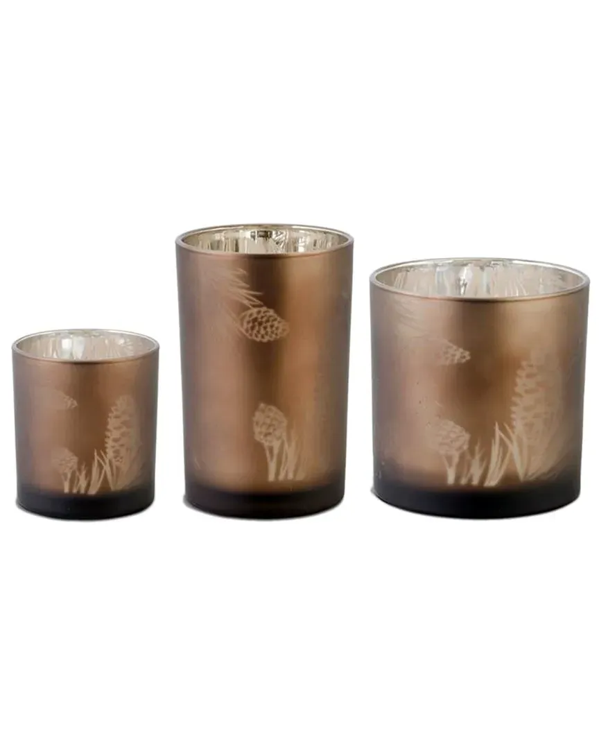 Set of 3 Frosted Glass Candleholders with Pinecone Pattern - Brown image