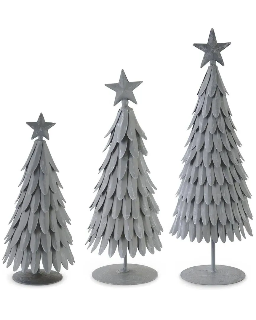Set of 3 Weathered Metal Trees with Star Tops - Gray