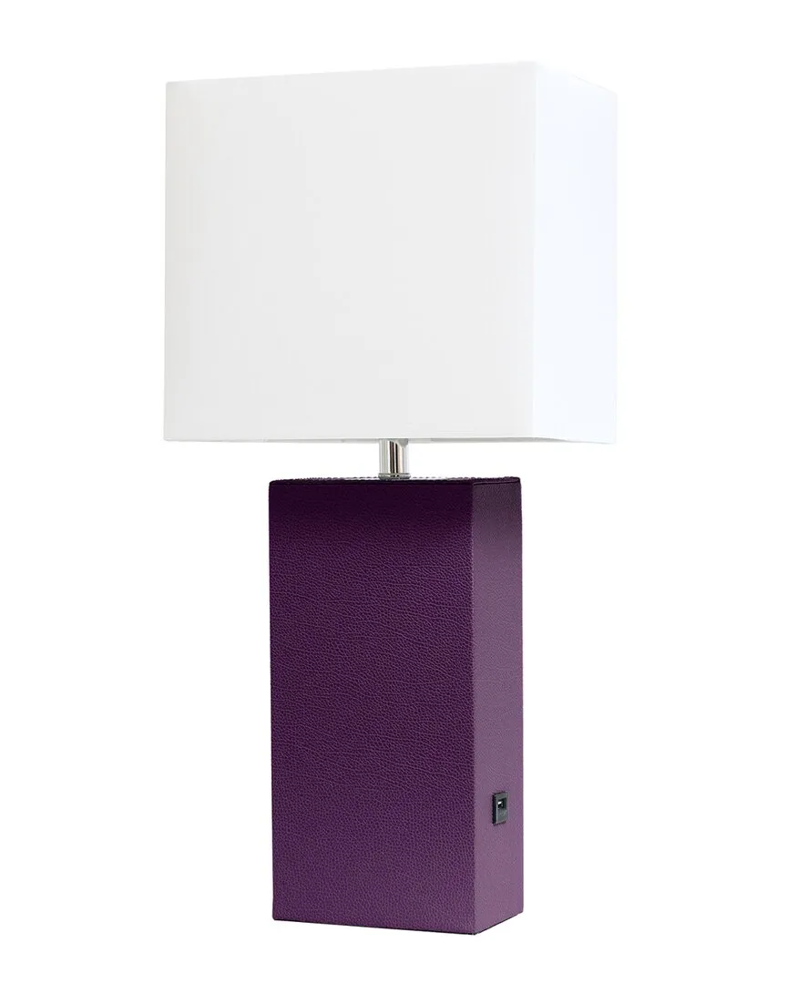 21in Leather Wrapped Table Lamp with USB Port - Eggplant Purple