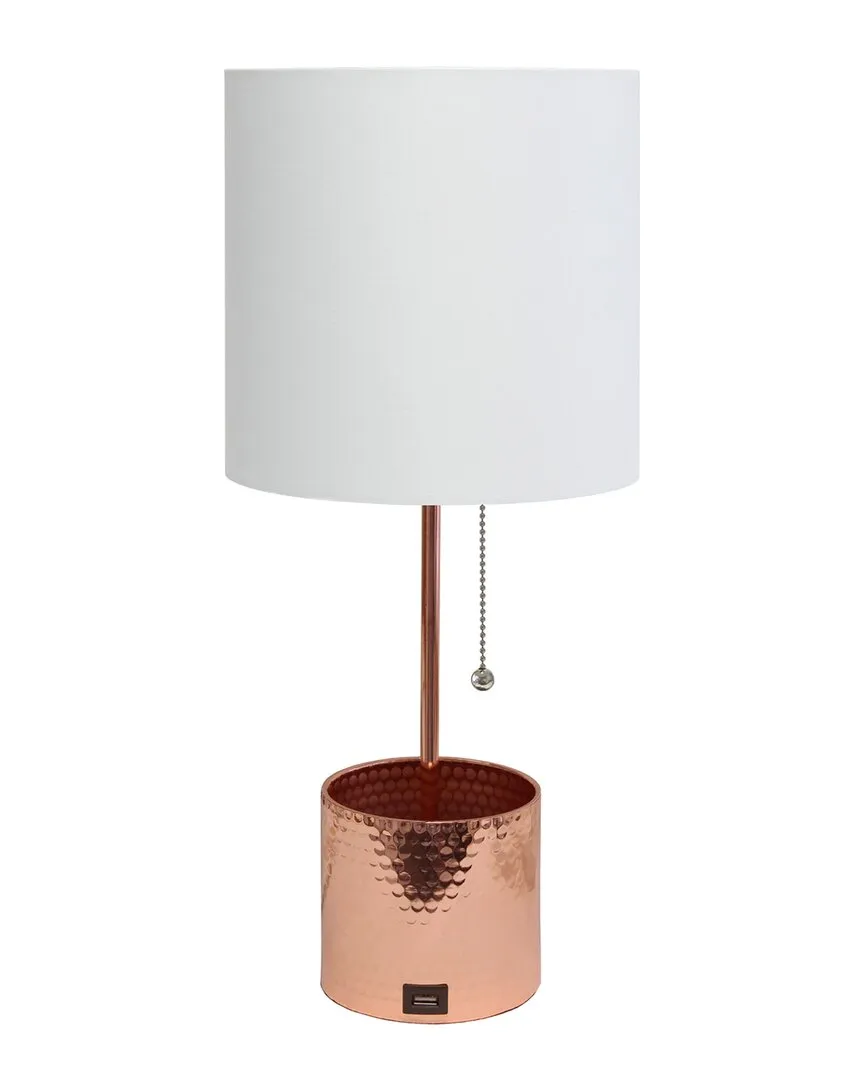 Hammered Metal Organizer Table Lamp with USB Port - Rose Gold