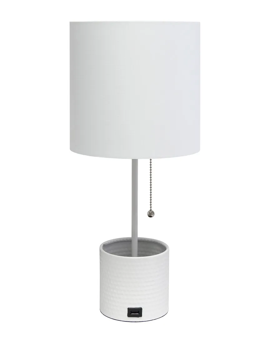 Hammered Metal Organizer Table Lamp with USB Port - White
