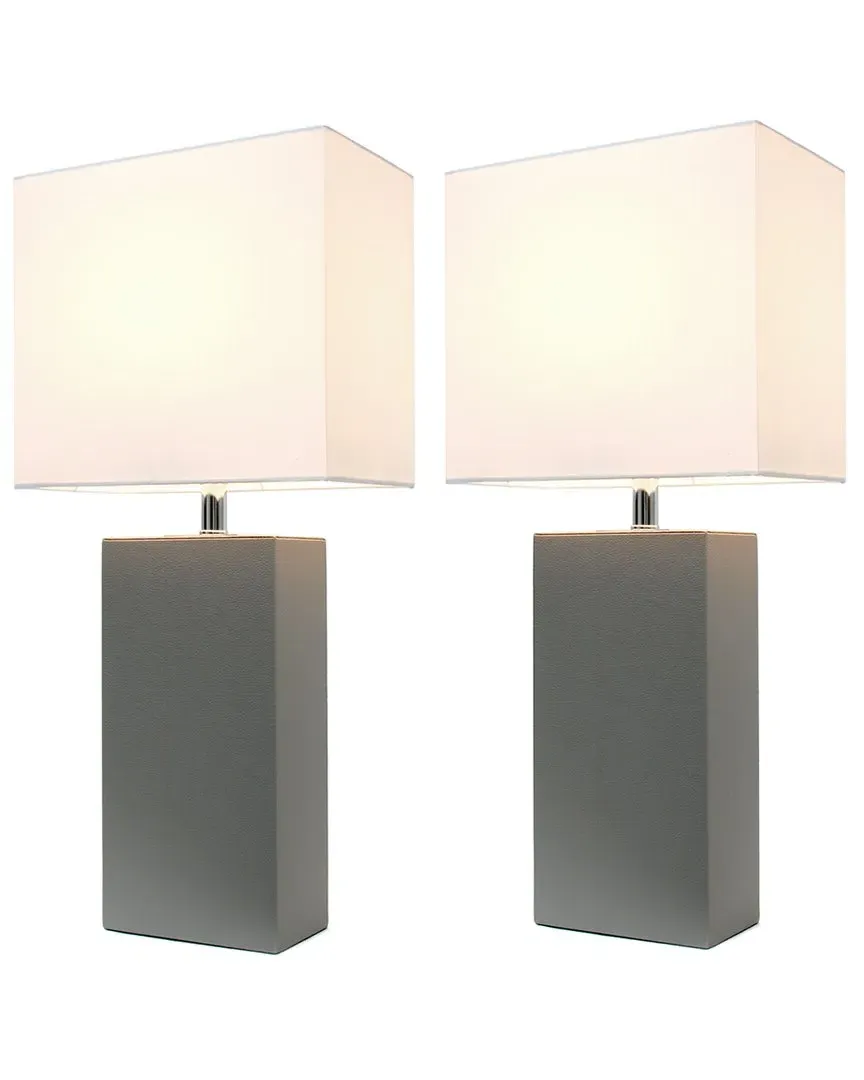 Set of 2 Table Lamps - Gray, Leather image