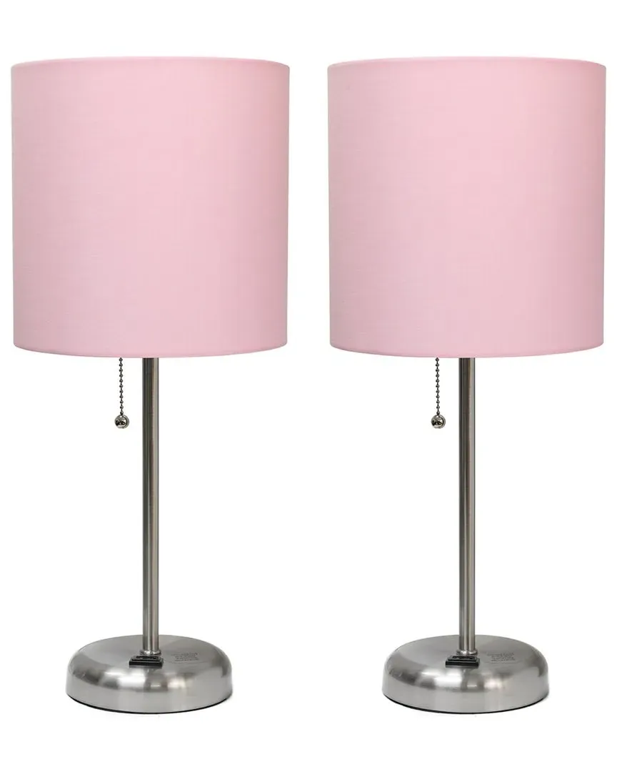 Set of Two Stick Table Lamps with USB Charging - Light Pink